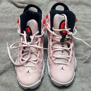 Jordan Kids Pink and Black Jumpman High-Top Sneakers with Red Accent